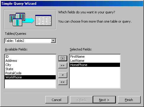 [Simple Query Wizard dialog box]