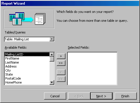 [Report Wizard dialog box]