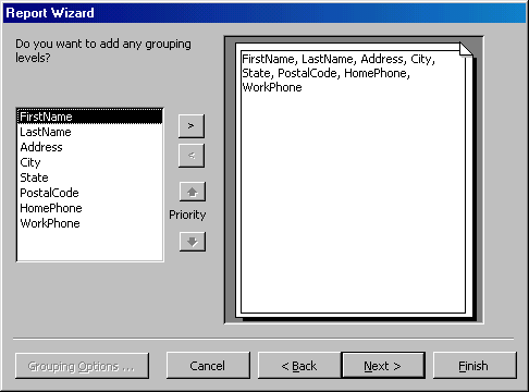 [Report Wizard dialog box]