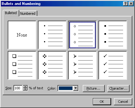 [Bullets and Numbering dialog box]