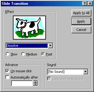 [Slide Transition dialog box]
