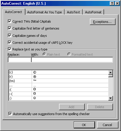 [AutoCorrect dialog box]