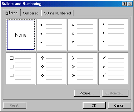 [Bullets and Numbering dialog box]