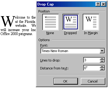 [Drop cap dialog box]