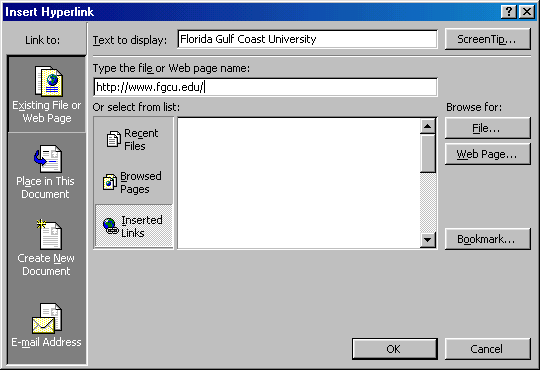 [Insert Hyperlink dialog box]